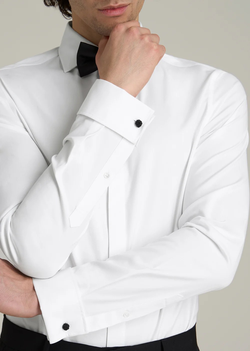 model wearing tuxedo shirt for tall men from american all; best formalwear for tall people
