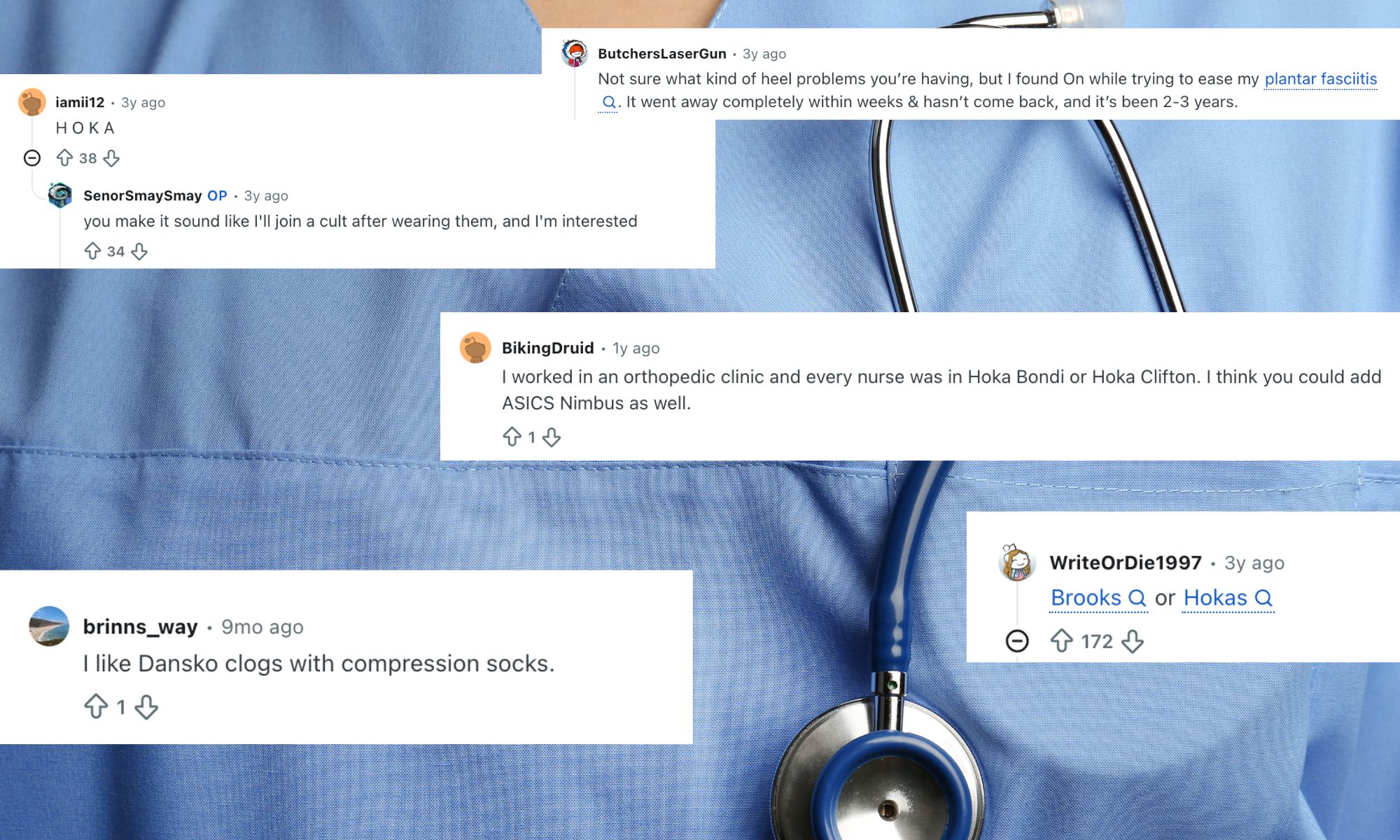compilation of comments on reddit about the best footwear for nurses, overlaid on a background of a nurse's uniform