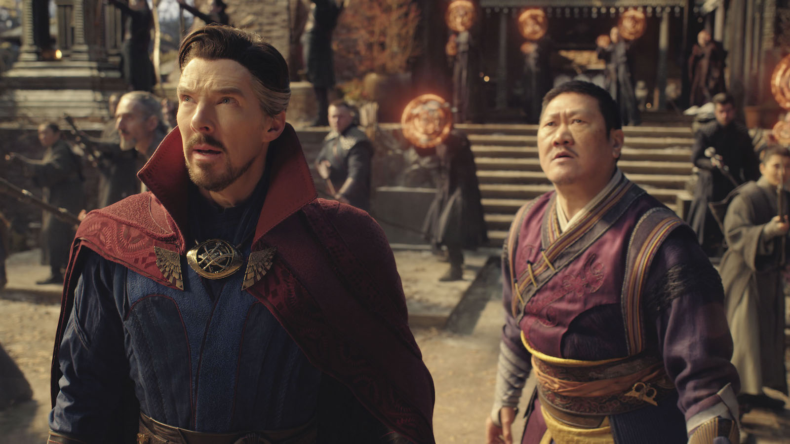 (L-R): Benedict Cumberbatch as Dr. Stephen Strange and Benedict Wong as Wong in Marvel Studios' DOCTOR STRANGE IN THE MULTIVERSE OF MADNESS. Photo courtesy of Marvel Studios. ©Marvel Studios 2022. All Rights Reserved.