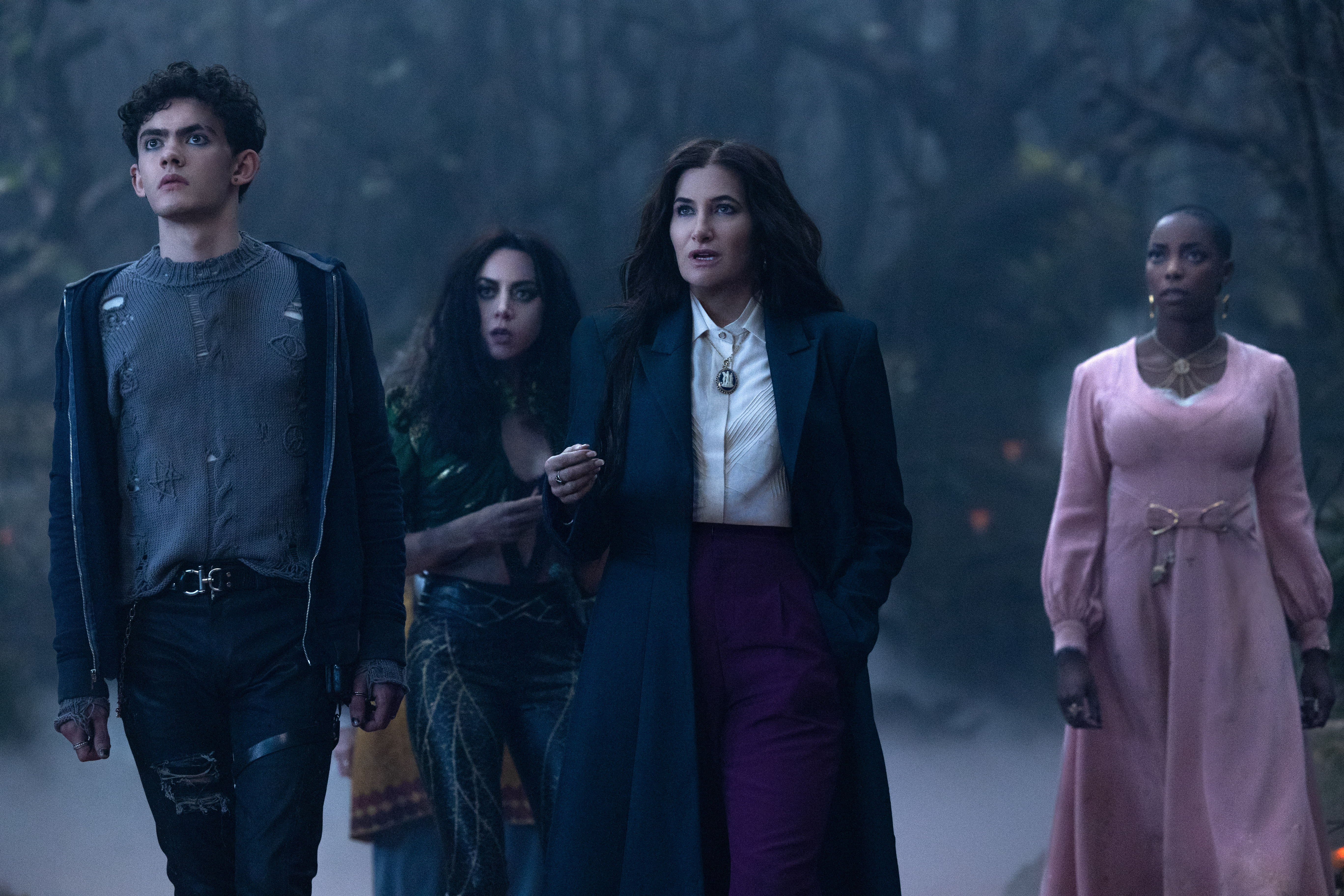 (L-R): Teen (Joe Locke), Rio Vidal (Aubrey Plaza), Agatha Harkness (Kathryn Hahn) and Jennifer Kale (Sasheer Zamata) in Marvel Television's AGATHA ALL ALONG, exclusively on Disney+. Photo by Chuck Zlotnick. © 2024 MARVEL.