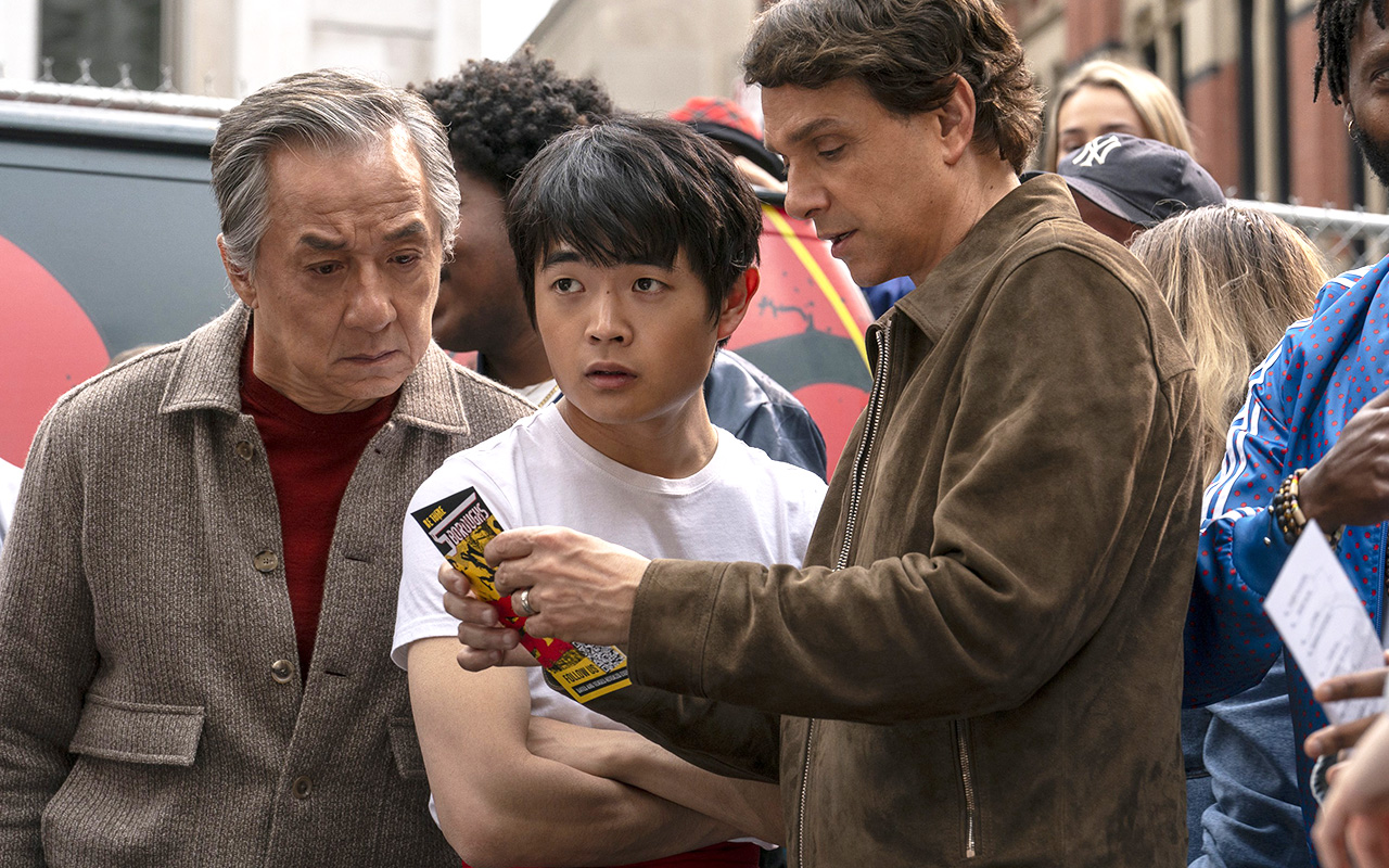 KARATE KID: LEGENDS, from left: Jackie Chan, Ben Wang, Ralph Macchio, 2025. ph: Jonathan Wenk / © Columbia Pictures / courtesy Everett Collection