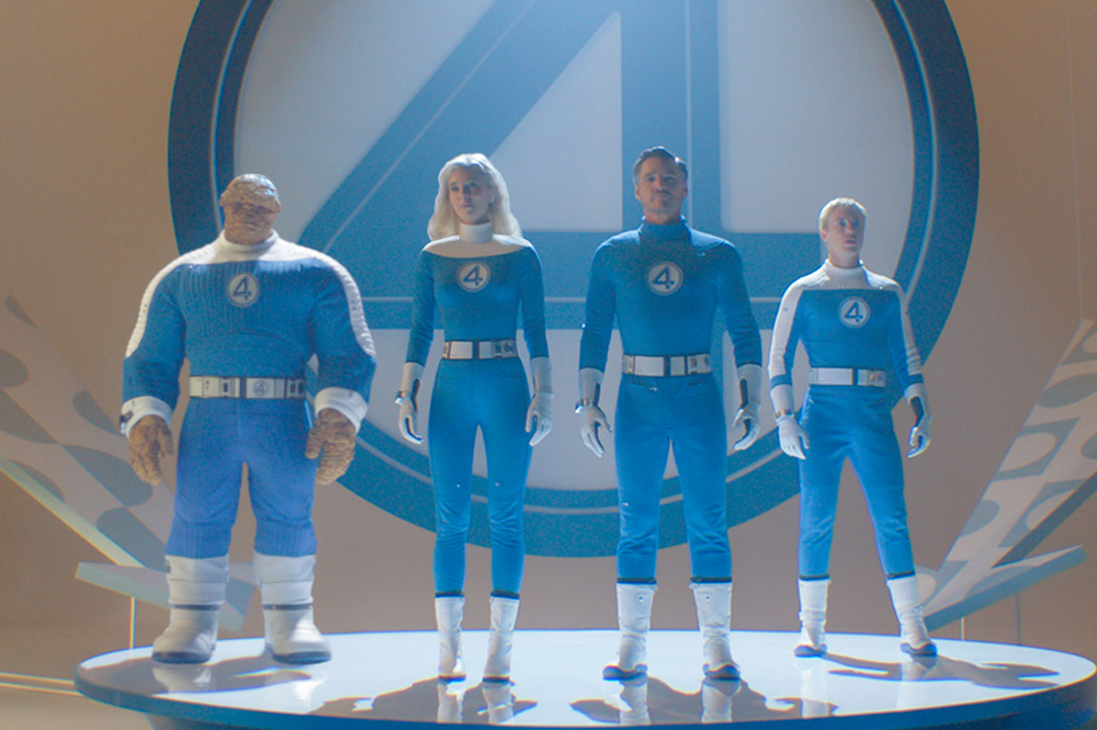 (L-R): Ebon Moss-Bachrach as Ben Grimm/The Thing, Vanessa Kirby as Sue Storm/Invisible Woman, Pedro Pascal as Reed Richards/Mister Fantastic and Joseph Quinn as Johnny Storm/Human Torch in 20th Century Studios/Marvel Studios' FANTASTIC FOUR: FIRST STEPS. Photo courtesy of 20th Century Studios/Marvel Studios. © 2025 20th Century Studios / © and ™ 2025 MARVEL.