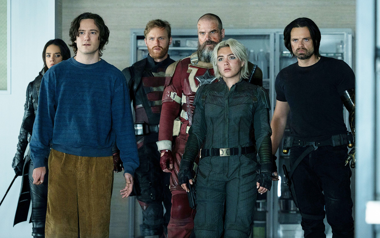 THUNDERBOLTS*, (aka THUNDERBOLTS), from left: Hannah John-Kamen as Ghost, Lewis Pullman as Robert Reynolds, Wyatt Russell as John Walker, David Harbour as Red Guardian, Florence Pugh as Yelena Belova, Wyatt, Sebastian Stan as Bucky Barnes, 2025. ph: Chuck Zlotnick /© Marvel / © Walt Disney Studios Motion Pictures /Courtesy Everett Collection