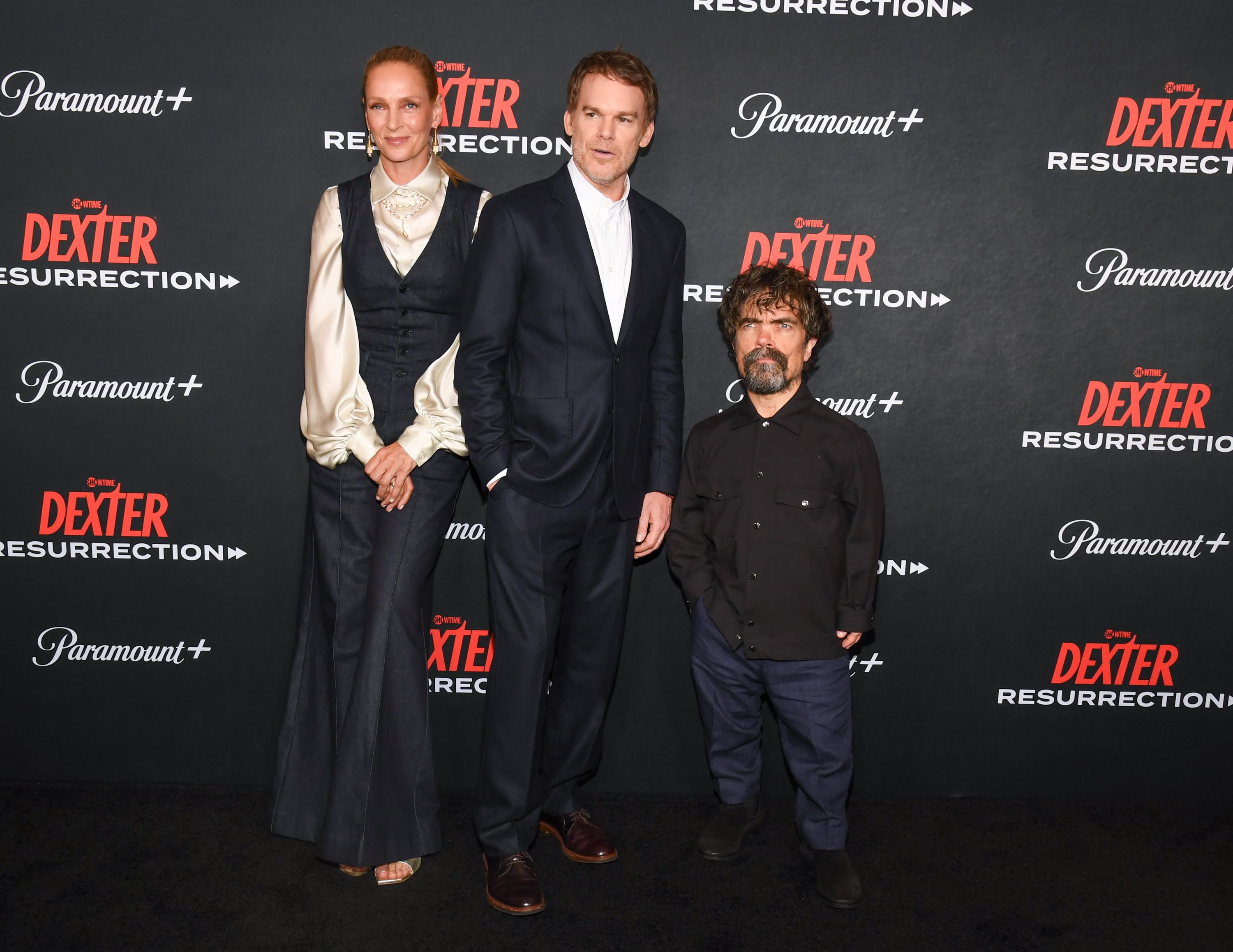 Uma Thurman, Michael C. Hall, Peter Dinklage at the "Dexter: Resurrection" World Premiere held at Alice Tully Hall on July 09, 2025 in New York, New York. (Photo by Kristina Bumphrey/Variety via Getty Images)