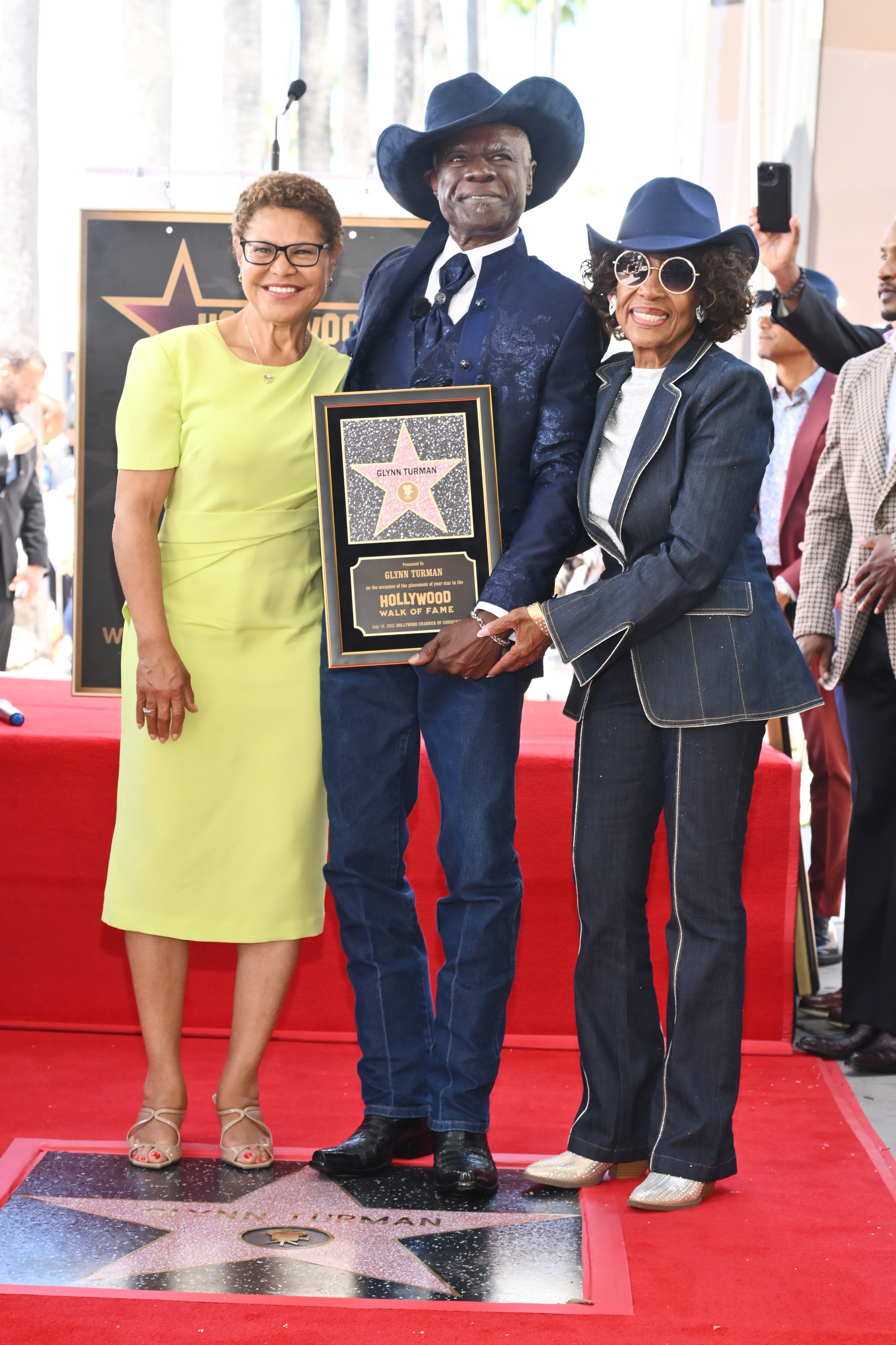 Karen Bass, Glynn Turman, Maxine Waters at the ceremony honoring Glynn Turman with a Star on the Hollywood Walk of Fame on July 10, 2025 in Hollywood, California. (Photo by Michael Buckner/Variety via Getty Images)