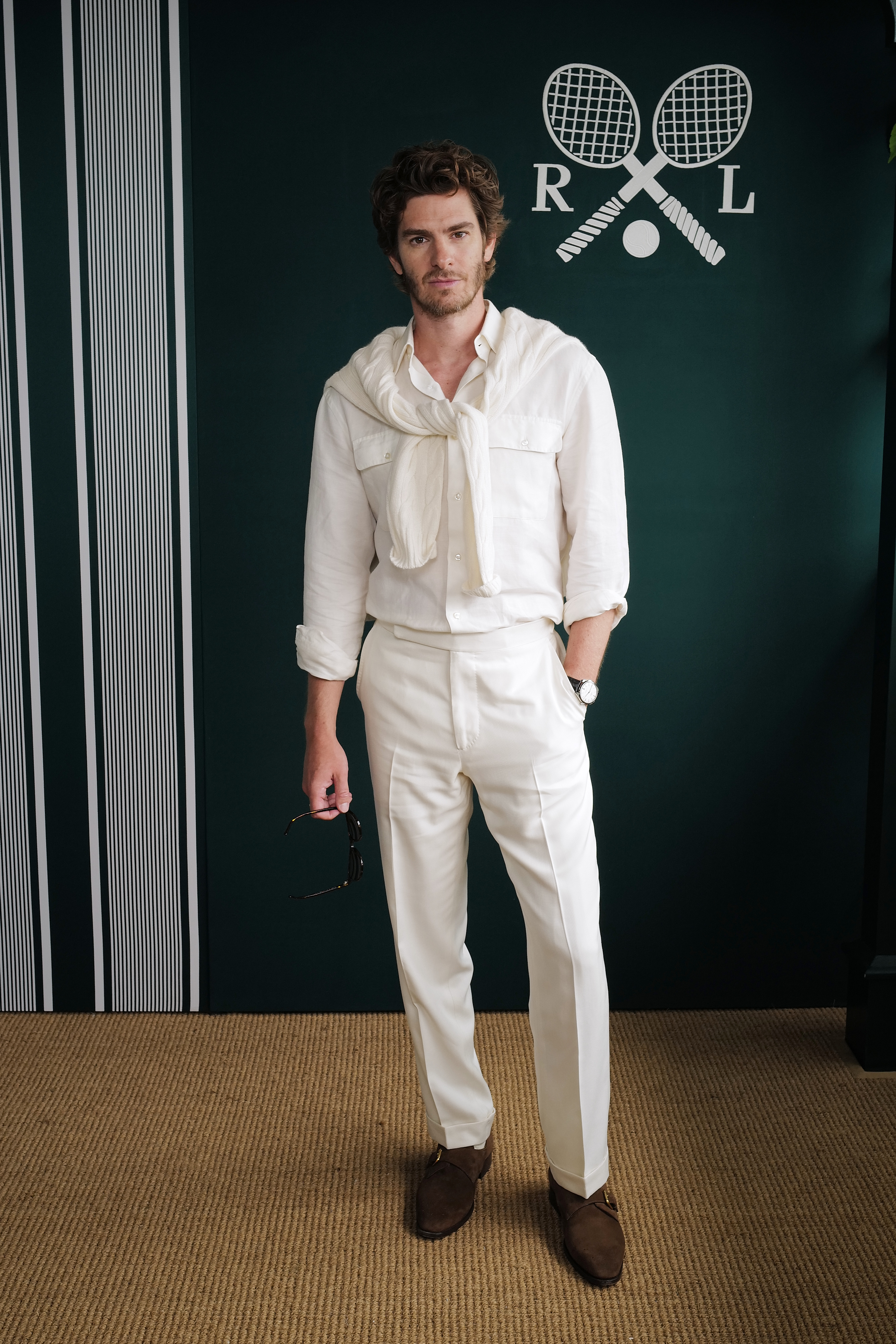 LONDON, ENGLAND - JULY 06: Andrew Garfield, wearing Ralph Lauren, attends the Ralph Lauren suite during The Championships, Wimbledon at All England Lawn Tennis and Croquet Club on July 06, 2025 in London, England. (Photo by Darren Gerrish/WireImage Getty Images for Ralph Lauren)