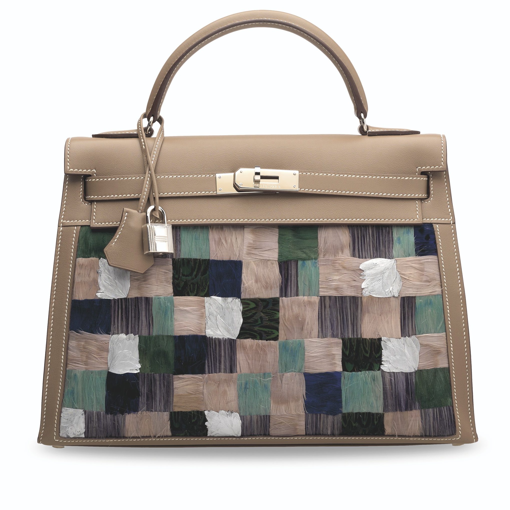 most expensive purses in the world, Feather embroidery Sellier Mosaïque Kelly 32 with palladium hardware