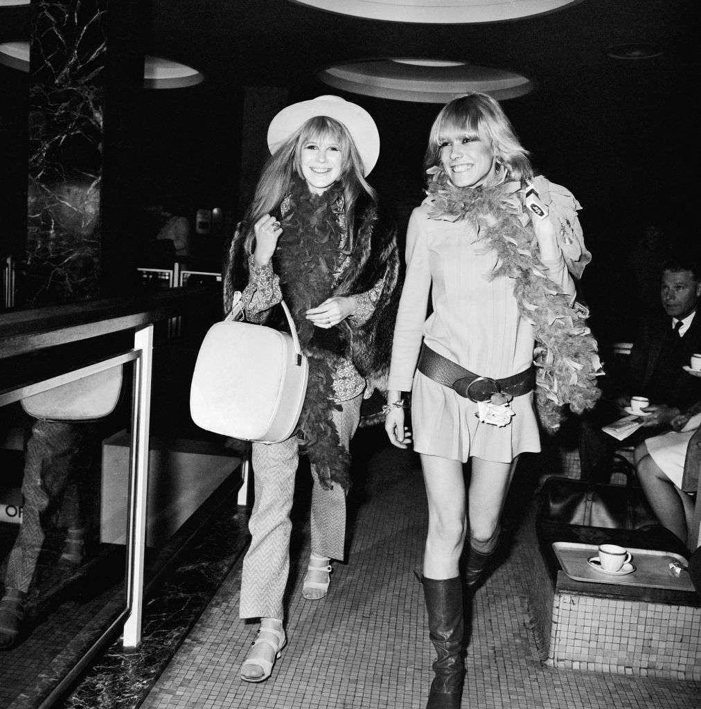 Singer Marianne Faithfull and actress Anita Pallenberg at Heathrow Airport to fly to Tangiers with their Rolling Stones boyfriends, 11th March 1967. (Photo by Dove/Express/Getty Images)