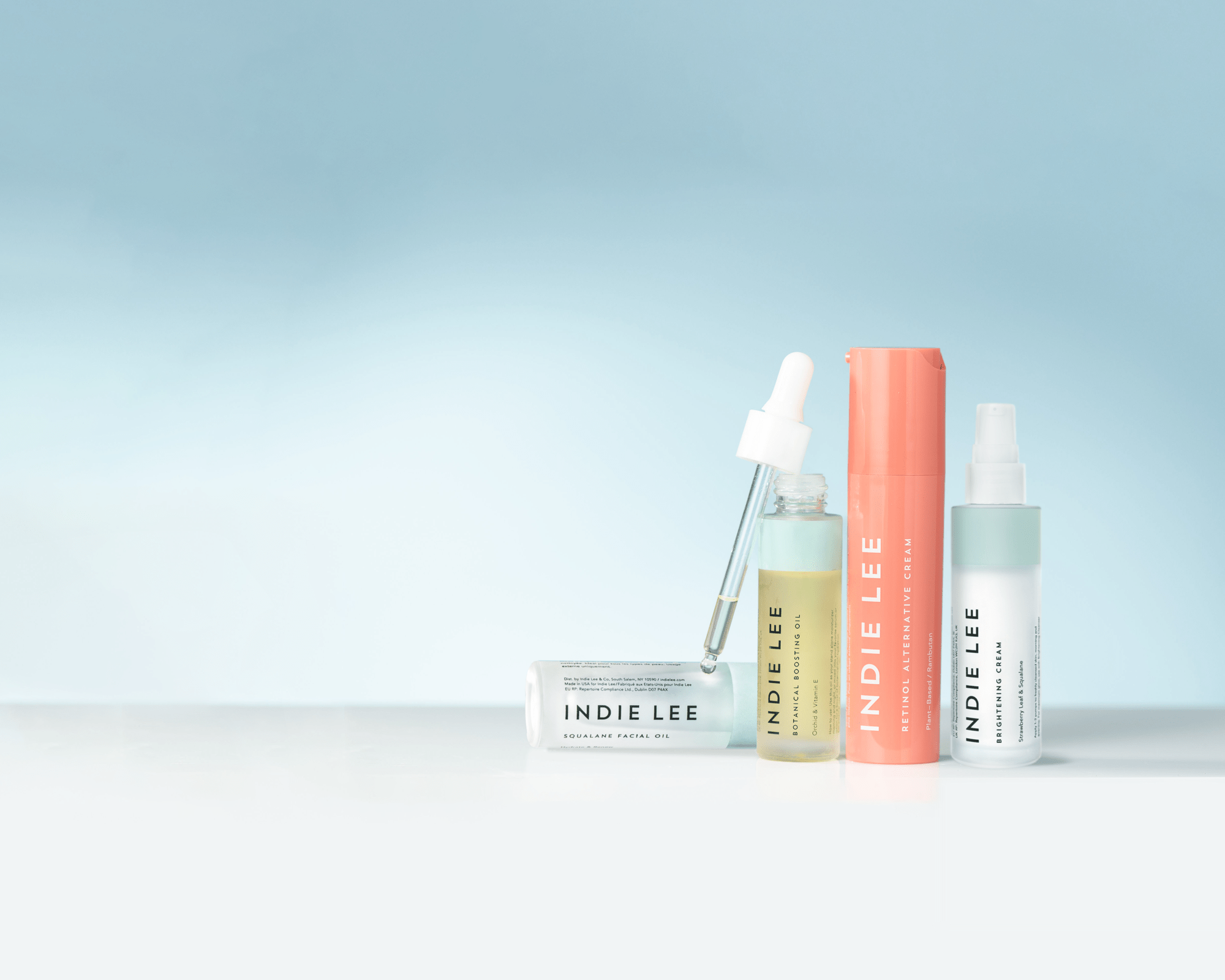 Skin care offerings by 2010-founded Indie Lee, including a CoQ-10 Toner, Brightening Cleanser and Squalene Facial Oil.