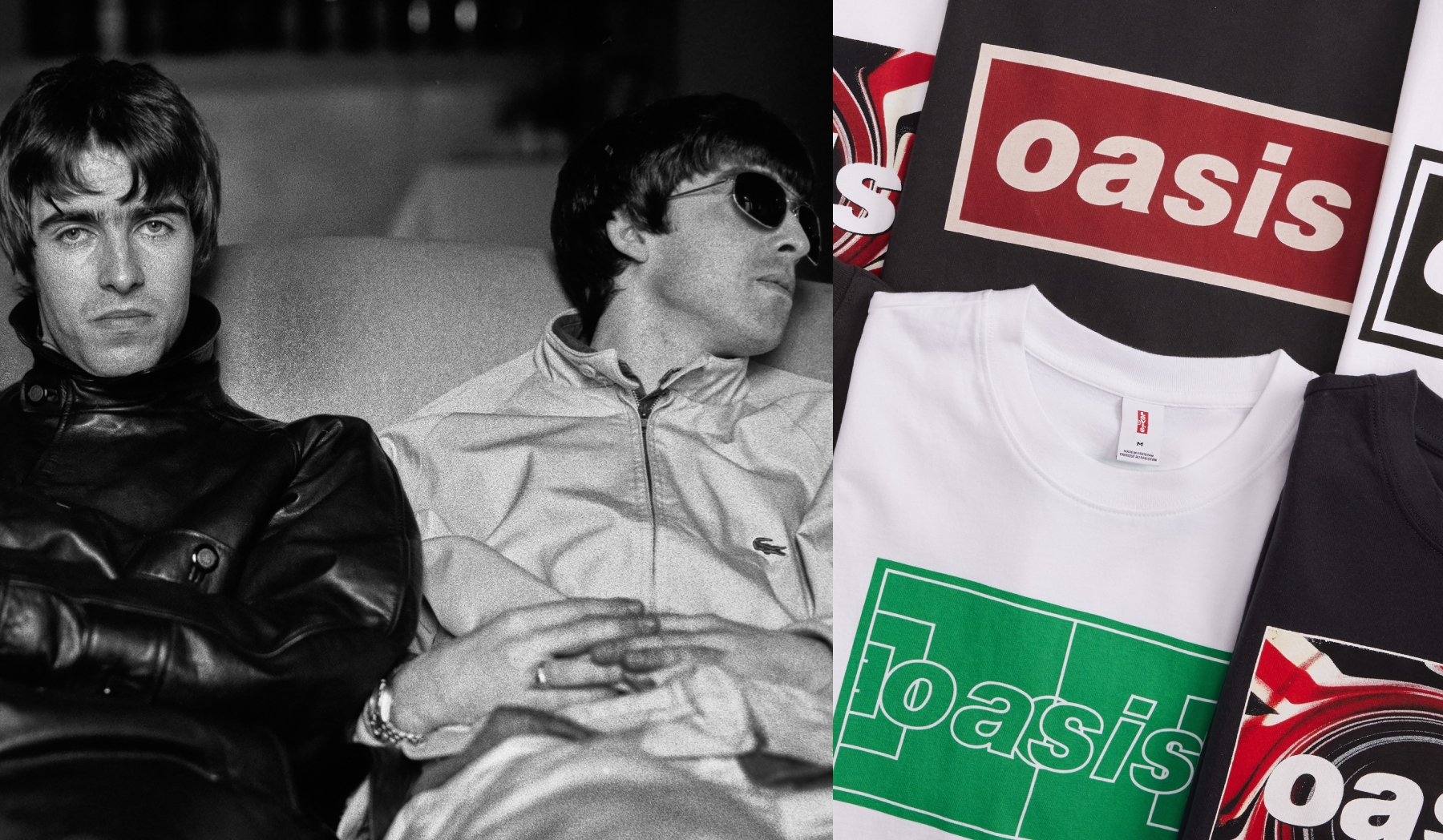 Left: Liam and Noel Gallagher of Oasis. Right: T-shirts from the Levi's and Oasis collection, graphics, band, music, vintage
