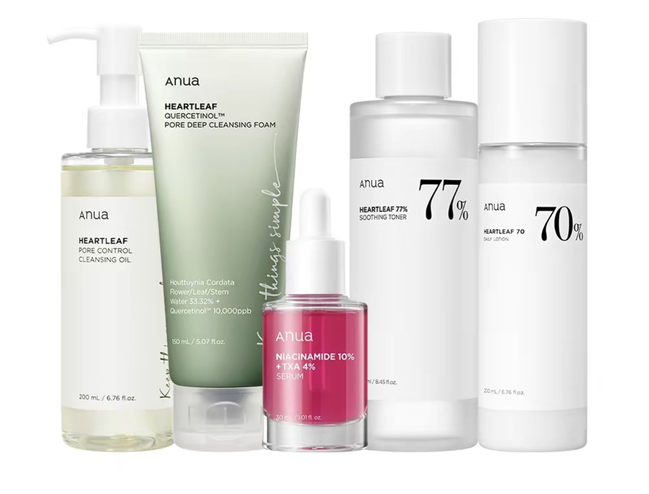 K-beauty brand Anua's core heartleaf-powered assortment of skin care products.