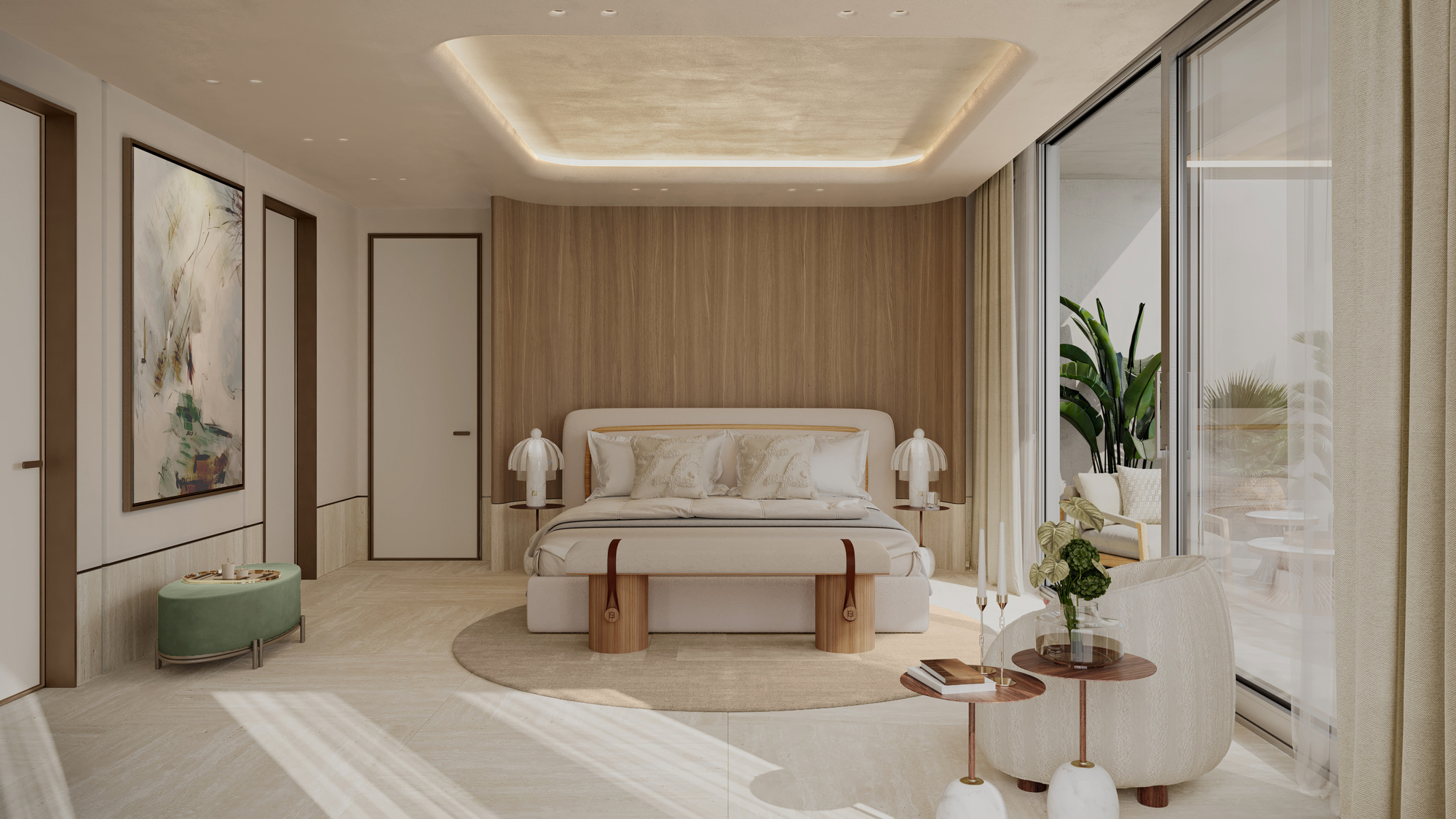 The master bedroom inside the Fendi Casa Avenia apartments in Aventura, Fla.