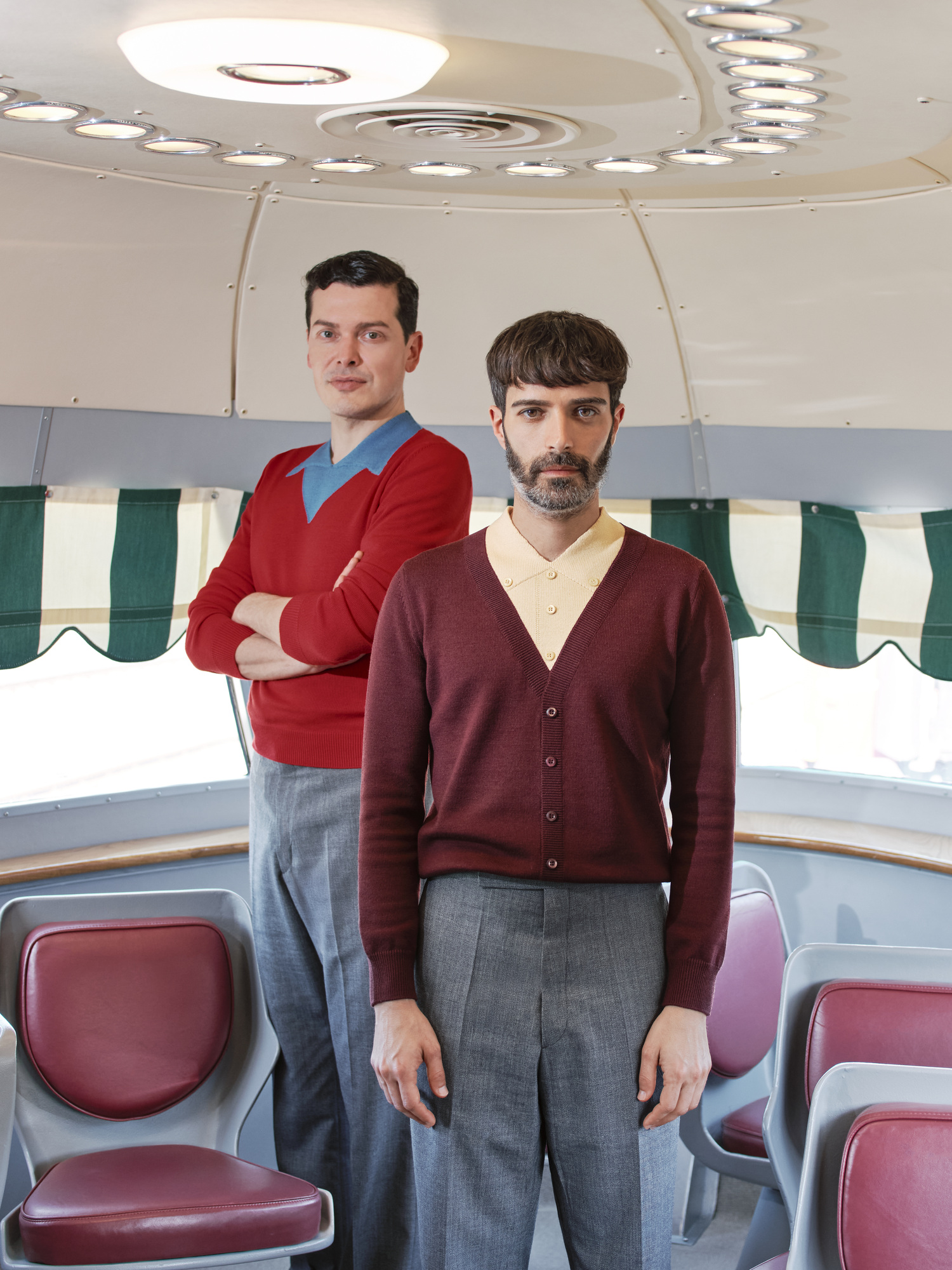 Formafantasma's Simone Farresin and Andrea Trimarchi aboard the Arlecchino train.