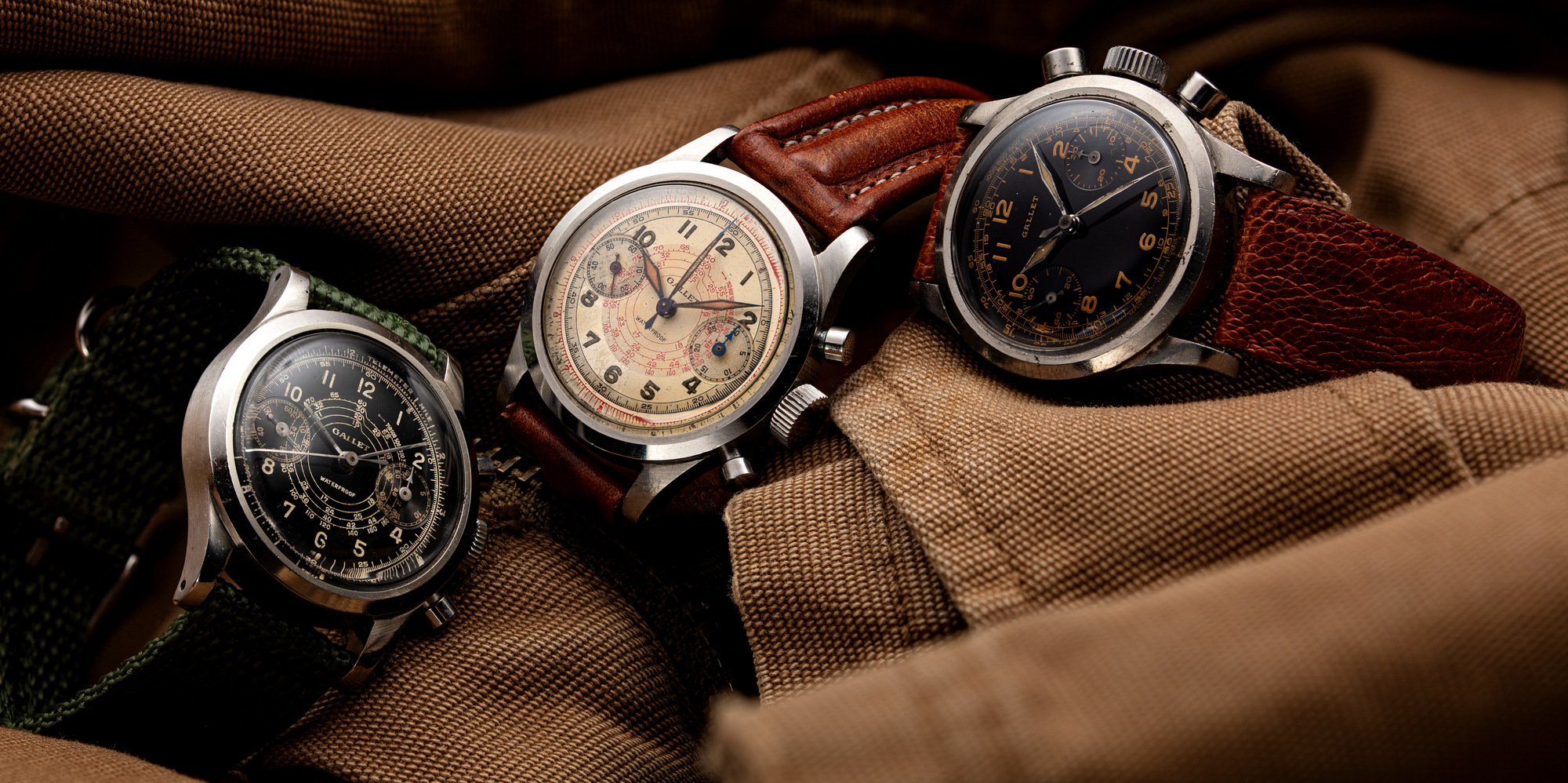 A trio of Gallet MultiChron Clamshell watches, dated circa 1938.