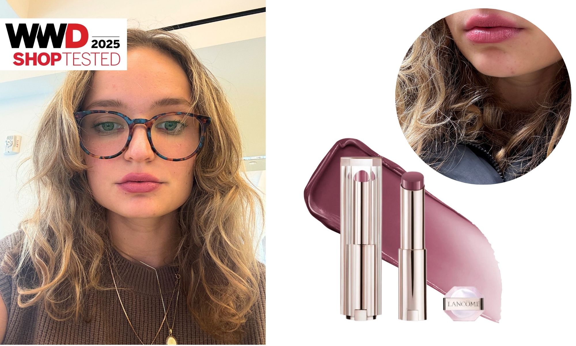 Stacia Datskovska testing Lancôme's hydrating lip balm in the office; a still image of said lip balm over a swatch and a cutout of Datskovska's lips swathed in the product