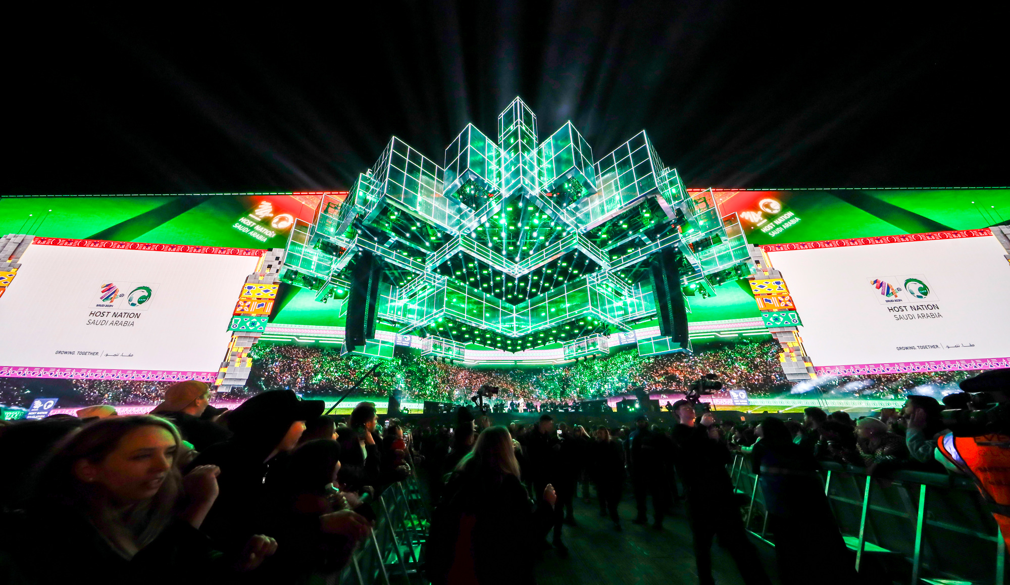RIYADH, SAUDI ARABIA - DECEMBER 12: (EDITOR’S NOTE: This Handout image was provided by a third-party organization and may not adhere to Getty Images’ editorial policy.) General atmosphere and light shows as music fans attend the MDLBeast Soundstorm 2024 festival on 12th December, 2024 in Riyadh, Kingdom of Saudi Arabia. The kingdom is celebrating having been awarded the awarded the FIFA World Cup 2034. (Photo by Jorge Ferrari/Saudi Arabian Football Federation via Getty Images)