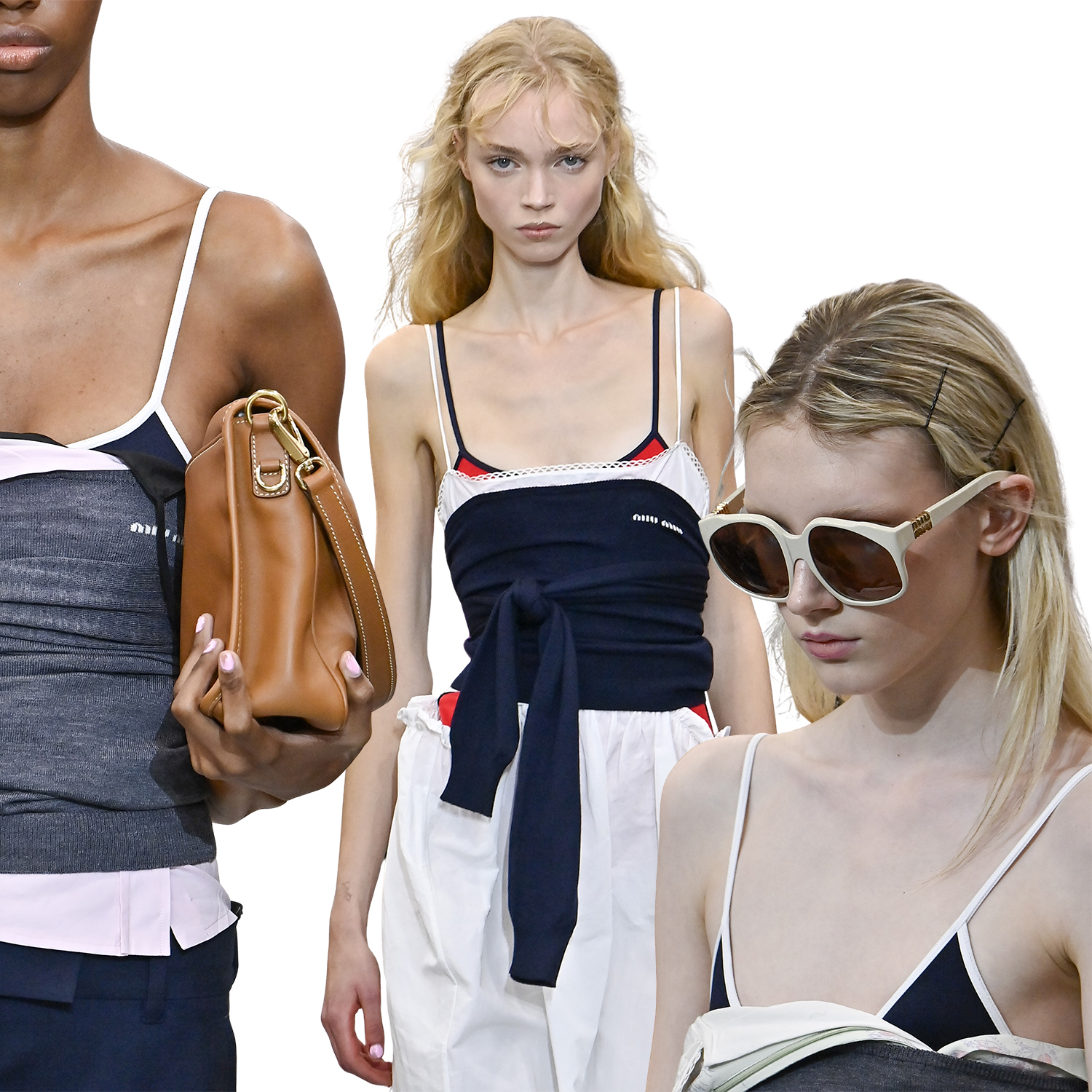 3 models from Miu Miu spring summer 2025 designer runway collection.