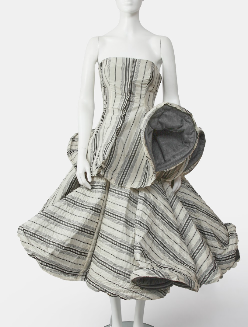 The Yohji Yamamoto spring 1999 gray-and-silver striped silk taffeta ensamble.