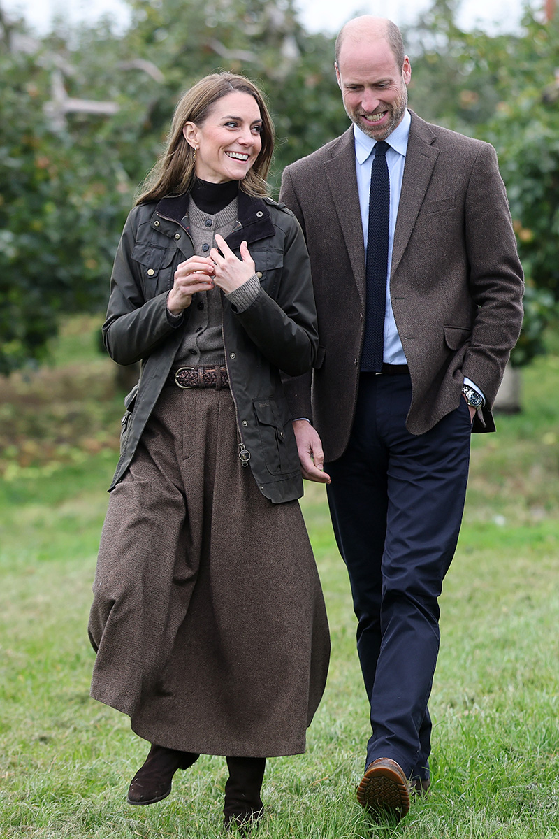 Kate Middleton wears pieces by Ralph Lauren, Barbour and more during her visit to Long Meadow’s orchards during a visit to Long Meadow Cider on Oct. 14, 2025 in Craigavon, Northern Ireland.