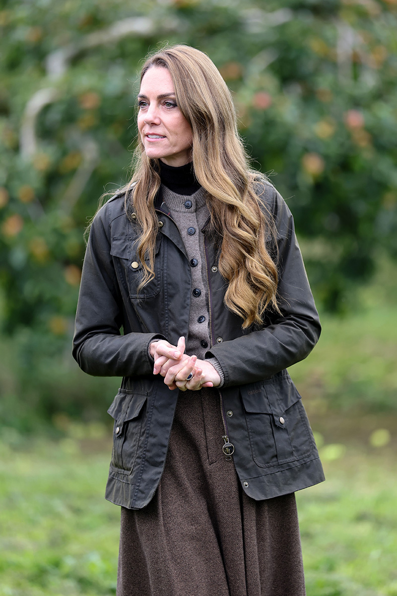 Kate Middleton wears pieces by Ralph Lauren, Barbour and more during her visit to Long Meadow’s orchards during a visit to Long Meadow Cider on Oct. 14, 2025 in Craigavon, Northern Ireland.
