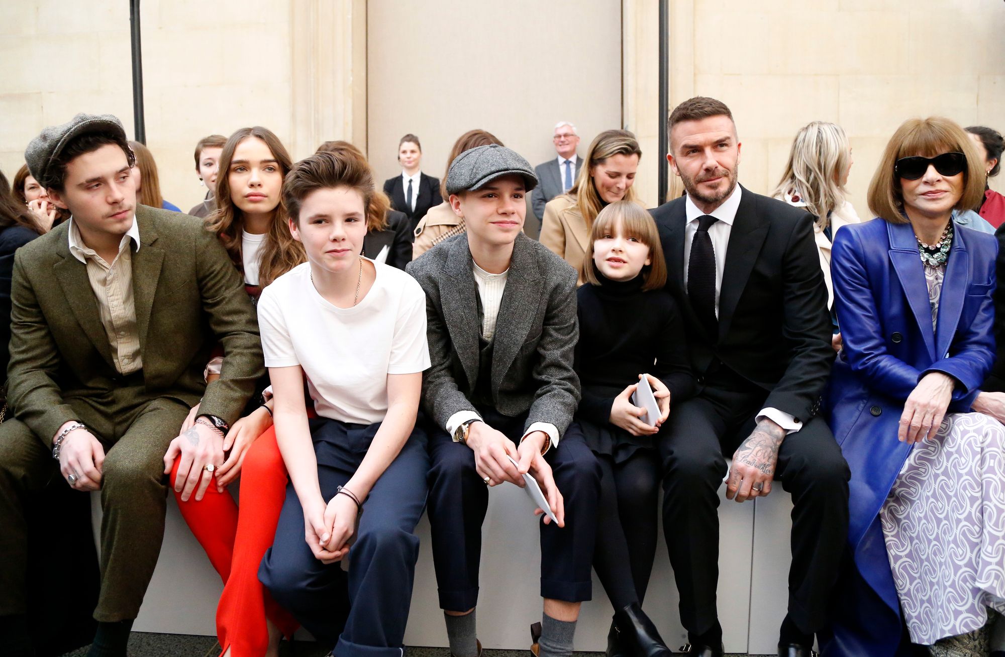 Brooklyn Beckham, Hana Cross, Cruz Beckham, Romeo Beckham, Harper Beckham, David Beckham and Anna Wintour in the front row at Victoria Beckham Fall 2019 Ready-to-Wear