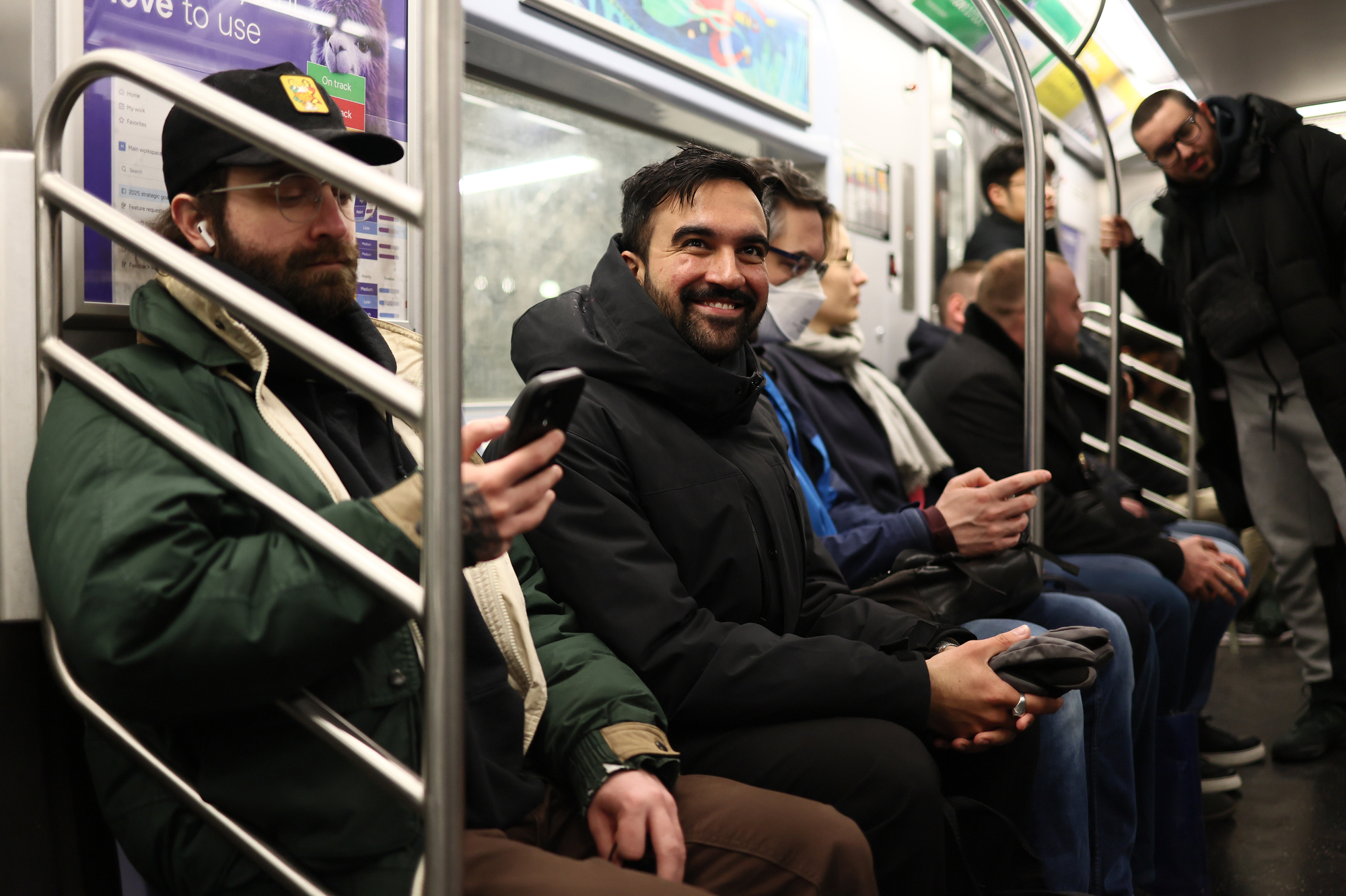 NEW YORK, NEW YORK - MARCH 24: New York mayoral candidate, State Rep. Zohran Mamdani (D-NY) rides the subway as he prepares to head to Albany on March 24, 2025 in New York City. Mamdani announced that he is halting fundraising efforts after his campaign raised over $8 million, the spending cap for the upcoming June primary. (Photo by Michael M. Santiago/Getty Images)