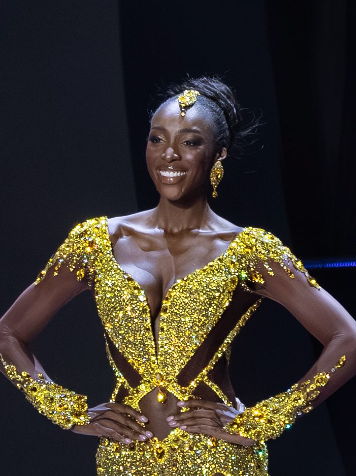 Miss Universe Cote d' ivoire, Olivia Yace, showcases her evening gown during the 74th Miss Universe preliminary competition.