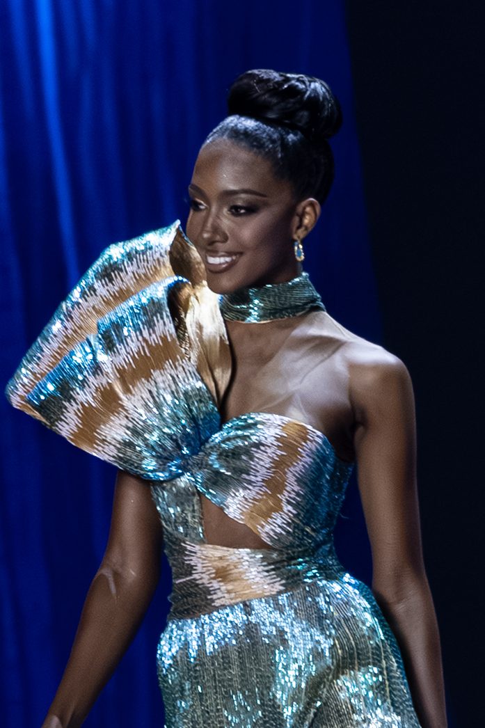 Miss Universe Turks and Caicos, Bereniece Dickenson showcasing her evening gown during 74th Miss Universe prelims competition.