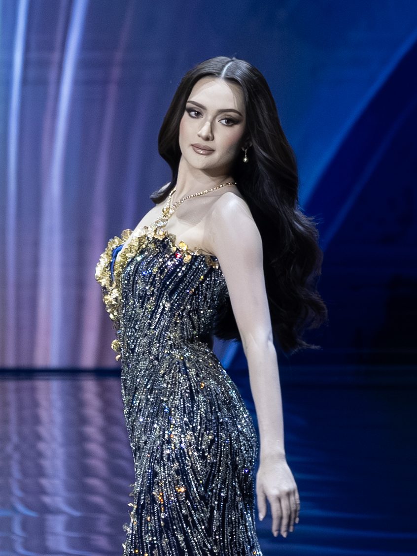 Miss Universe Philippines, Ahtisa Manalo, showcases her evening gown during the 74th Miss Universe prelims.