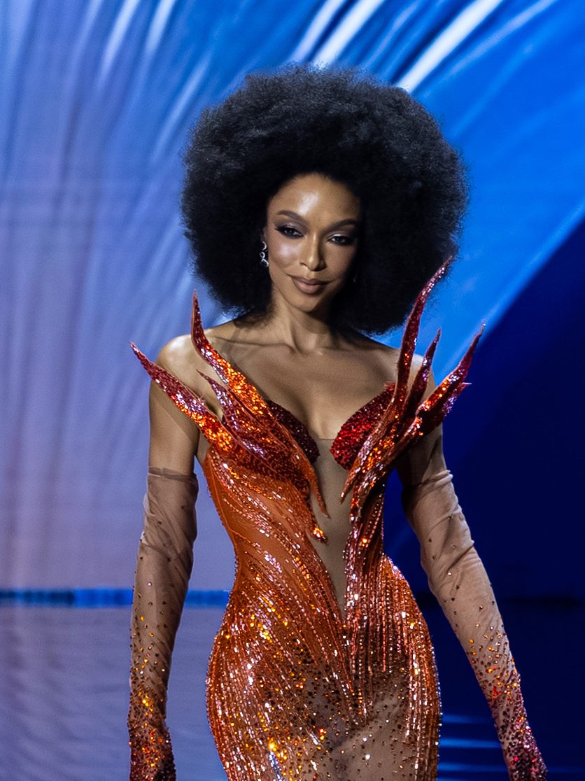 Miss Universe Guadeloupe, Ophley Mezino, showcases her evening gown during the 74th Miss Universe preliminary competition.