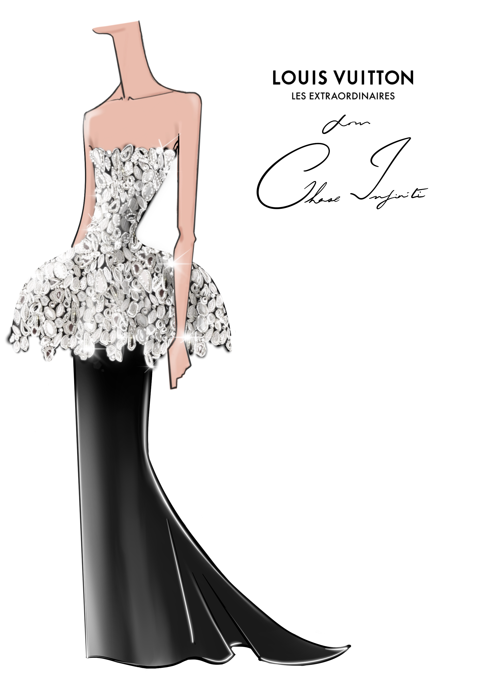 Golden Globes 2026 Designer Sketches: Sketch of Chase Infinitys custom Louis Vuitton gown for the Golden Globes 2026.