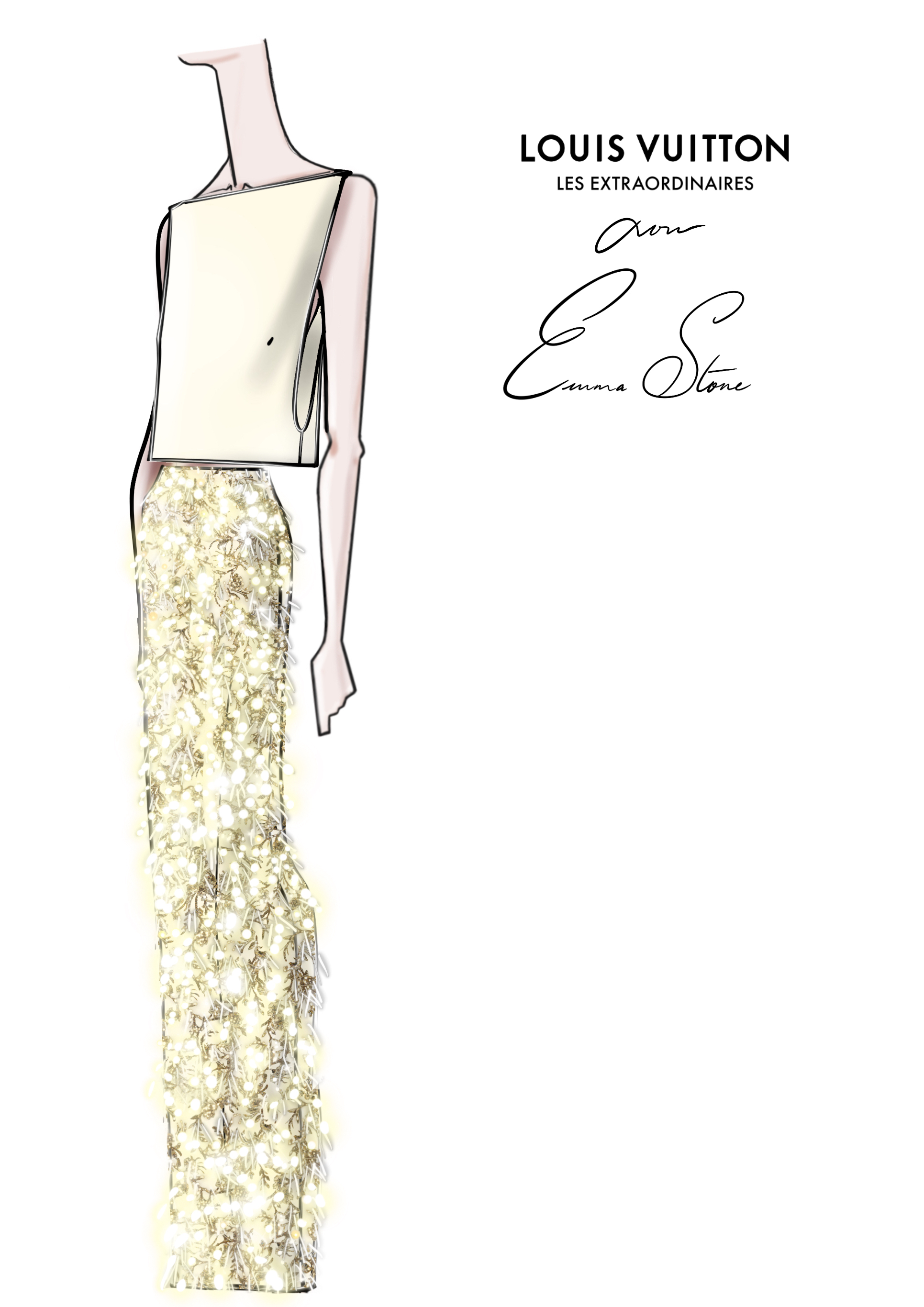 Golden Globes 2026 Designer Sketches: Sketch of Emma Stone's custom Louis Vuitton look for the Golden Globes 2026.