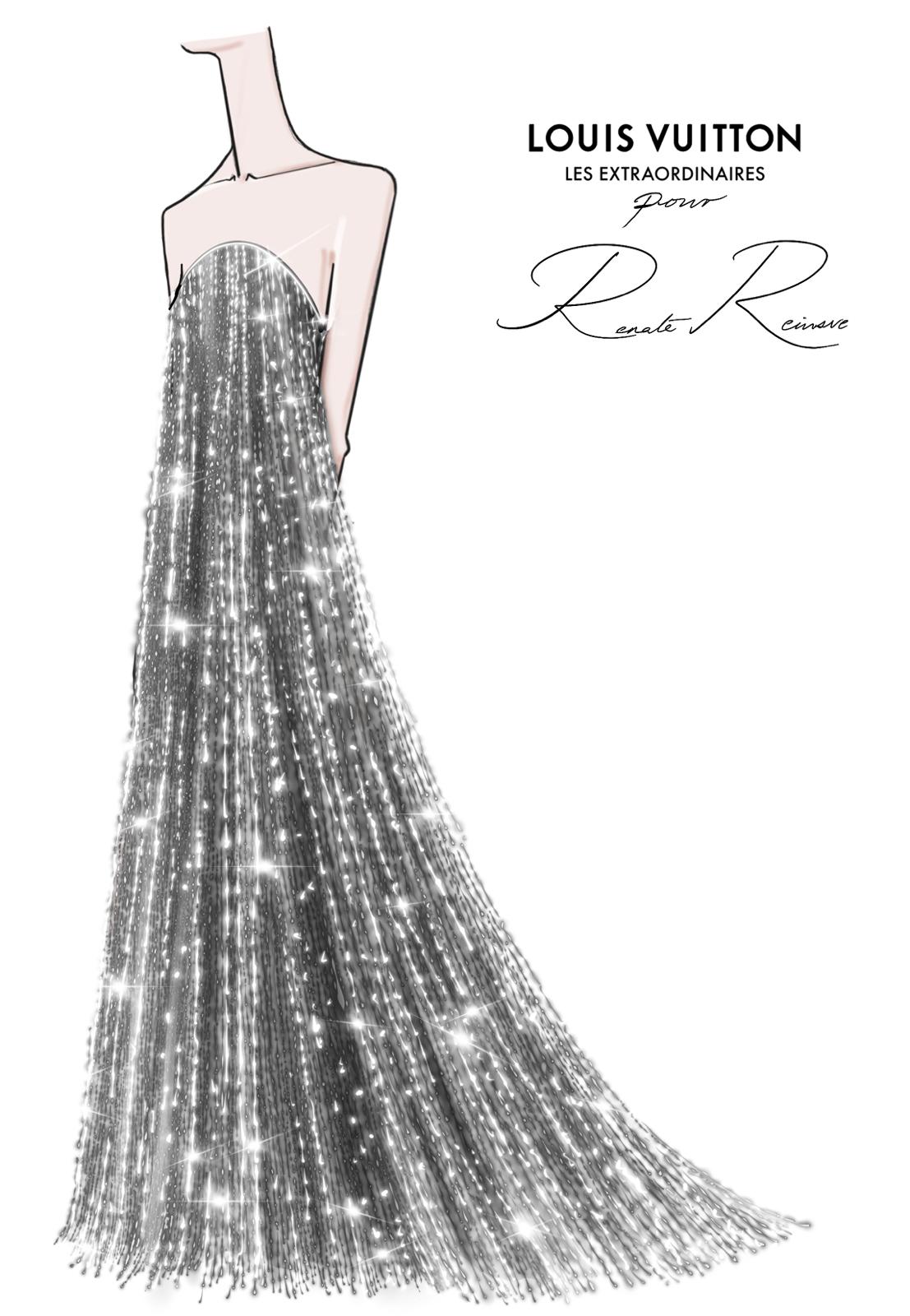 Golden Globes 2026 Designer Sketches: Sketch of Renate Reinsve's custom Louis Vuitton gown for the Golden Globes 2026.