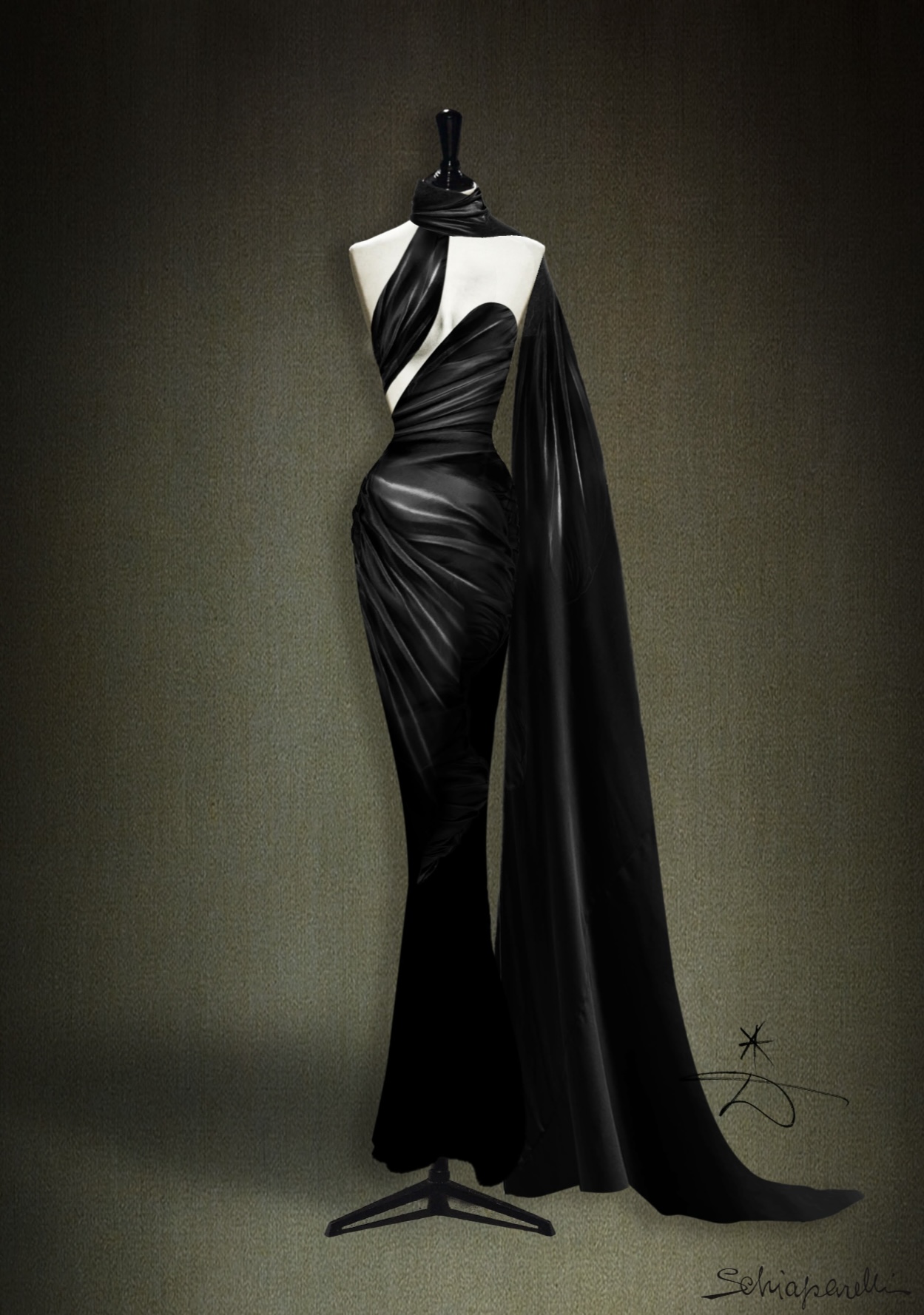 Golden Globes 2026 Designer Sketches: Sketch of Teyana Taylor's custom Schiaparelli Haute Couture gown by Daniel Roseberry for the Golden Globes 2026.