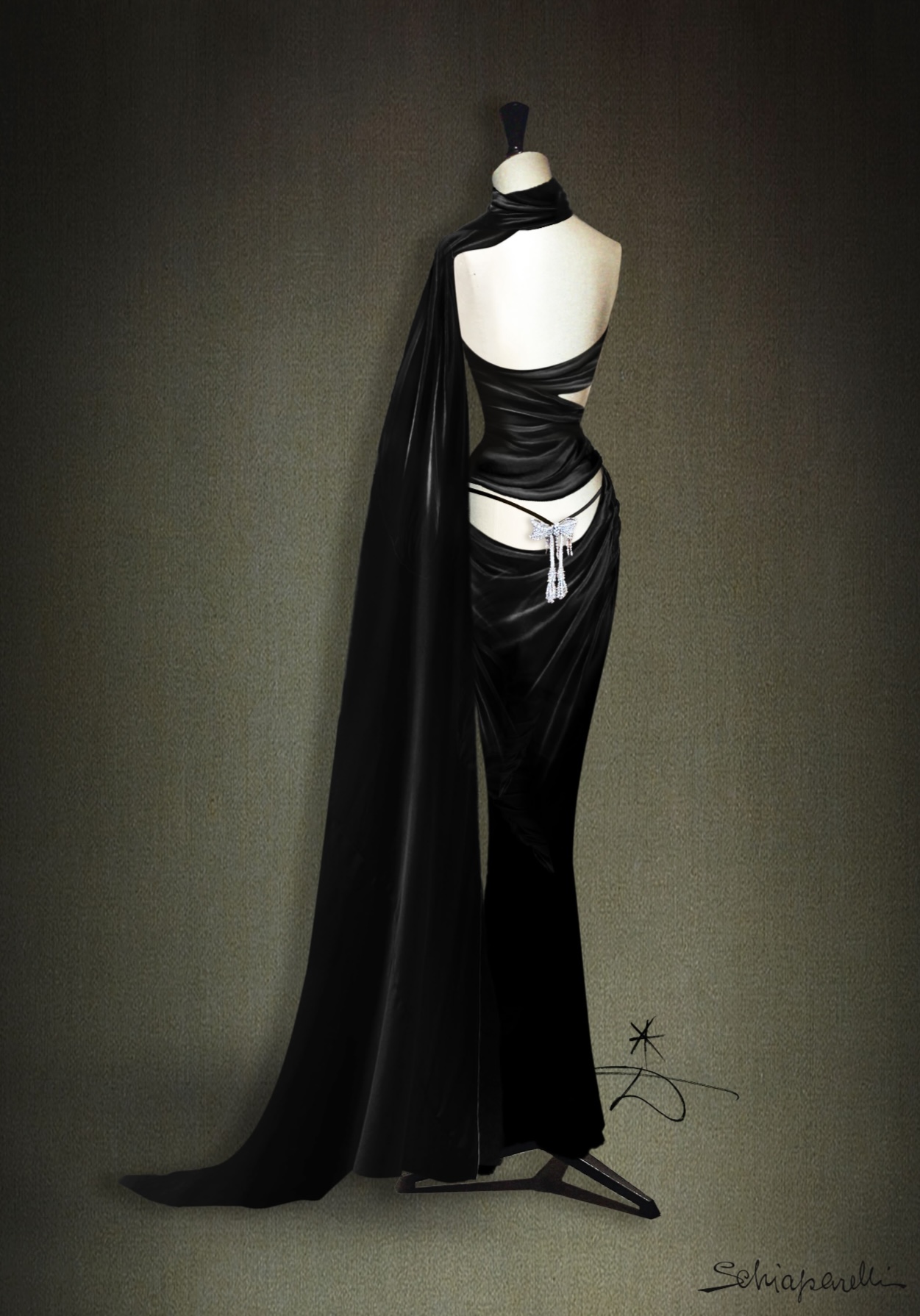 Golden Globes 2026 Designer Sketches: Sketch of the back of Teyana Taylor's custom Schiaparelli Haute Couture gown by Daniel Roseberry for the Golden Globes 2026.
