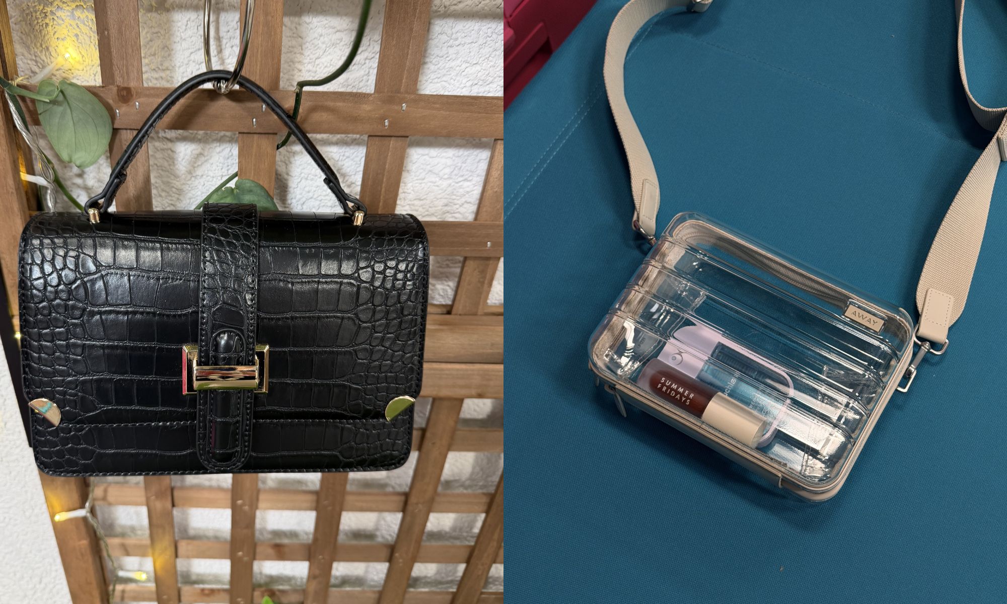 two bags found on amazon photographed in a studio setting; best deals on handbags for amazon prime day 2026